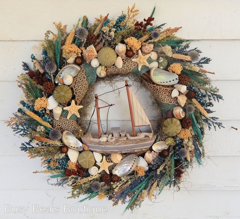Coastal Seashell Wreath w Sailboat Safe Harbor Nautical Wreath Seashore Wreath Front Door Wreath Beach Wreath Sailboat Wreath