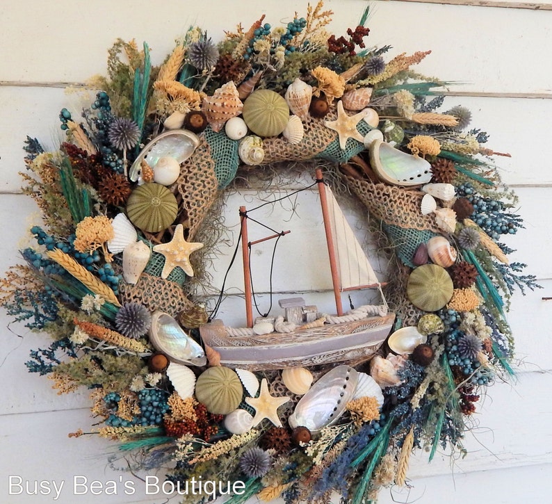 Seashore Wreath Coastal Seashell Wreath w Sailboat Safe Harbor Nautical Wreath Beach Wreath Front Door Wreath Sailboat Wreath