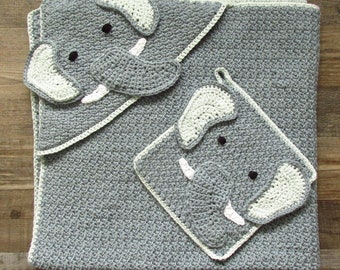 Elephant Hooded Towel and Matching Washcloth PDF Crochet Pattern