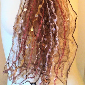 SILK SCARF, VINTAGE, Scarf, Hand Spun, India, Hand Loomed, Hand Dyed, 15" x 62", Disc Sequins, Vertical Stripes, Village Crafts, Gossamer