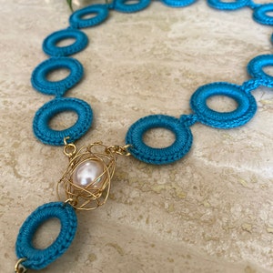 Turquoise Crochet Necklace.  Bohemian necklace.  Handmade necklace.  Wire wrapped pearl. Crochet jewelry