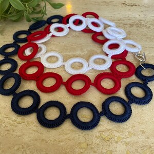 Red, White and Blue crochet necklace   Bohemian necklace.  Handmade. Crochet jewelry. Fiber jewelry