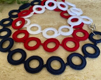 Red, White and Blue crochet necklace   Bohemian necklace.  Handmade. Crochet jewelry. Fiber jewelry