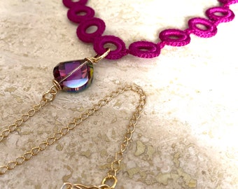 Dark pink crochet choker.  Fuchsia necklace.  Crochet choker with pendant. Bohemian necklace.  Modern necklace