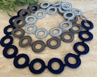 Gray crochet necklace.  Navy blue necklace  Bohemian necklace.  Handmade. Crochet jewelry. Fiber jewelry