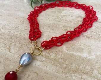 Red necklace.  Silk chain necklace.  Multi strand necklace