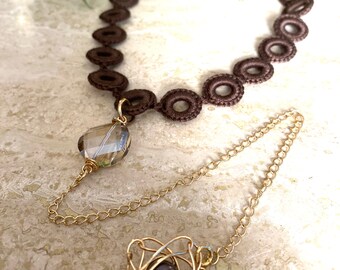 Brown crochet choker.  Crochet choker with pendant. Bohemian necklace.  Modern necklace