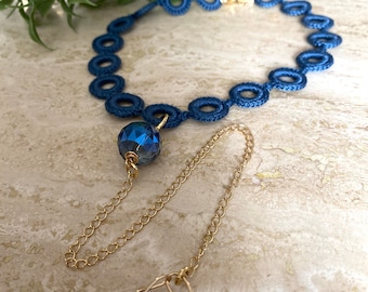 Blue crochet choker.  Crochet choker with pendant. Bohemian necklace.  Modern necklace