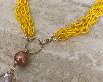 Yellow necklace.  Silk chain necklace.  Multi strand necklace