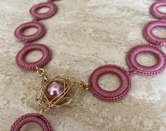 Rose Gold Crochet Necklace. Bohemian necklace.   Handmade necklace.  Wire wrapped pearl.  Crochet jewelry