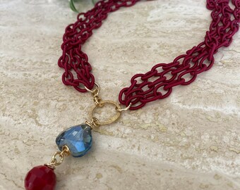 Burgundy necklace.  Silk chain necklace.  Multi strand necklace