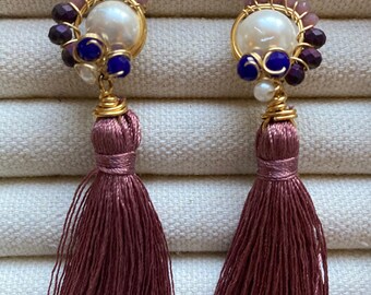 Tassel earrings.  Goldfilled earrings. Pearl earrings. Gold rose earrings