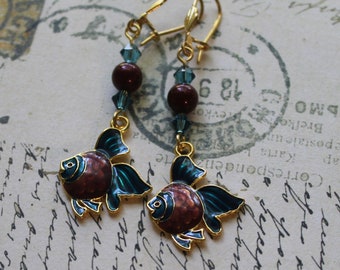 Teal and brown fish earrings