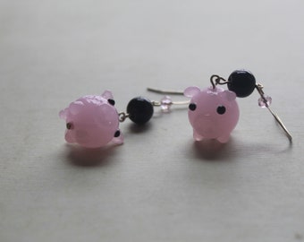 Lampwork pink piggy earrings