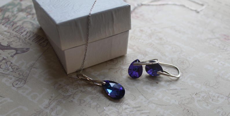 Sterling silver Swarovski crystal necklace and earrings set (heliotrope) image 1