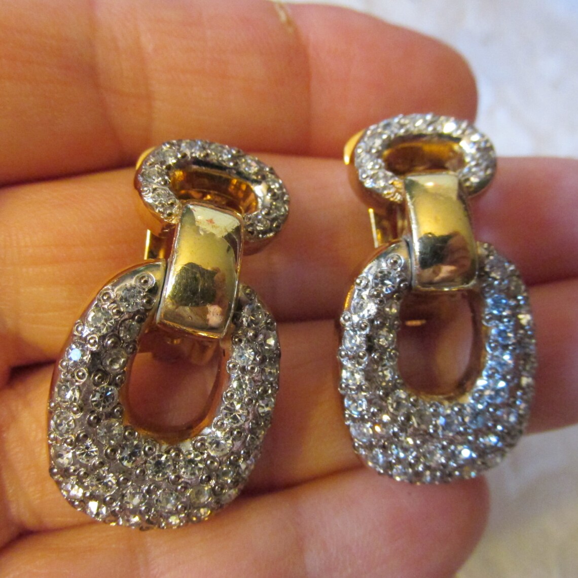 Vtg VOGUE BIJOUX Clip On EARRINGS Gold Plating & Pave Crystal Etsy