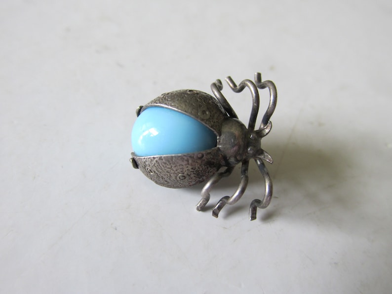 Sterling Dead Pawn BEETLE PIN w Sky Blue Milk Glass Bead C Clasp Unmarked Tested 925 Purchased New Mexico 1960 In Style of Fred Harvey etc