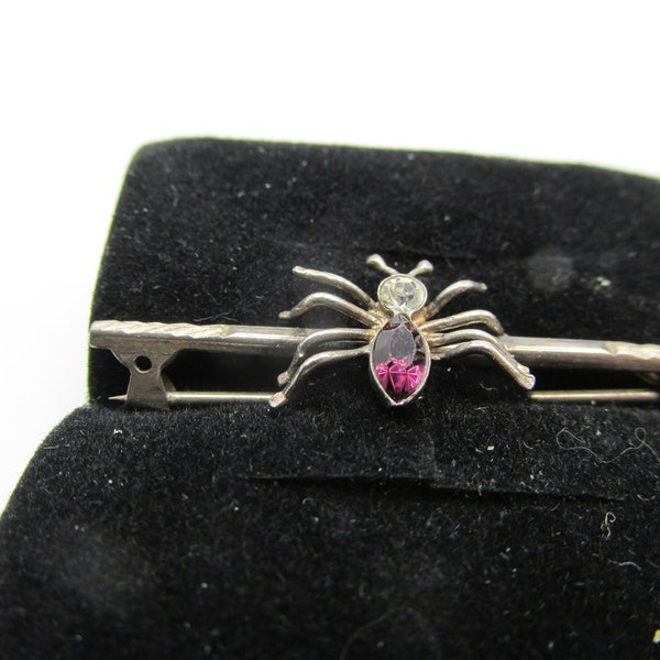 Antique STERLING Spider BAR BROOCH Czech Stones Measures 1 1/2" x 1/2" Mid Century Hand Made purchased in London Wardrobe Accessory