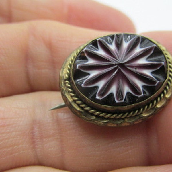 Antique STARBURST CZECH (Cutglass) BROOCH C Clasp Amethyst Color measures 7/8" x 3/4" Collectible 1800's Lapel Collar Hat Scarf Accessory