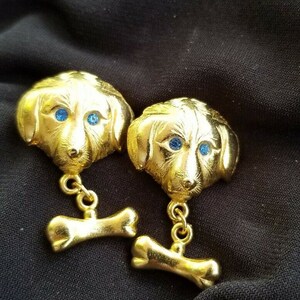 L RAZZA DOG Pierced EARRINGS Sapphire Blue Eyes Dangling Bone Accents Gold Plated Collectible Canine Friendly For Groomer Vet Humane Society image 5