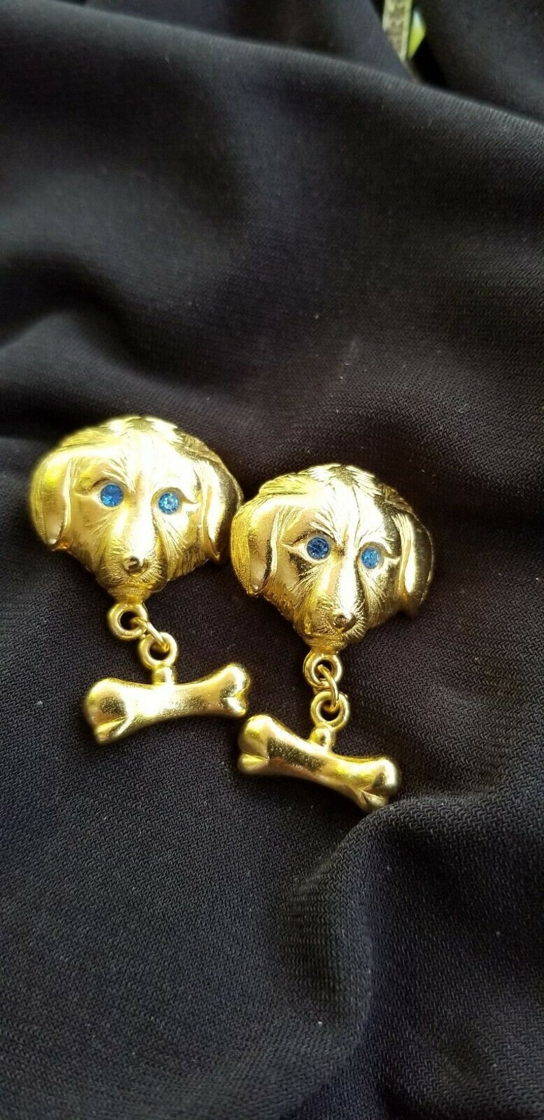 L RAZZA DOG Pierced EARRINGS Sapphire Blue Eyes Dangling Bone Accents Gold Plated Collectible Canine Friendly For Groomer Vet Humane Society image 5