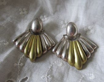 Vintage Dangling Pierced STERLING & BRASS EARRINGS Articulates Marked Mexico T9-74 925 Ladies Collectible Anniversary Birthday Bridesmaid