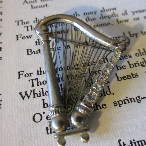 Rare MONET HARP BROOCH Silver Tone Rhinestone Accents Circa 1950's Ladies Collectible All Occasion Gifting for Musician Concertist