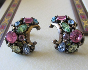 HOLLYCRAFT pastel Strass OORBELLen schroef op ondertekende COPR 1953 verschillende gevormde originele stenen dames geschenken huwelijksverjaardag Gradution
