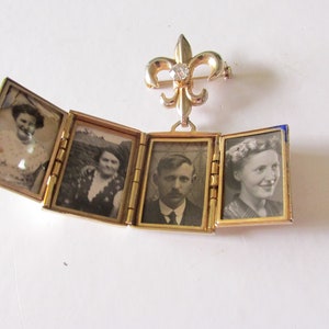 Dangling CORO JEWELCRAFT Four Photo LOCKET Made in England Decorative Jeweled Filigree Gold Tone Setting 1950's Includes Old Photographs image 8