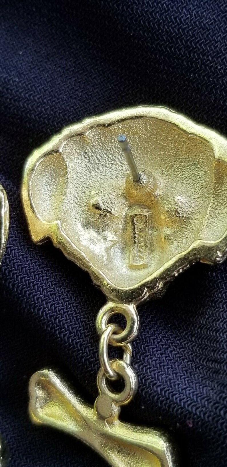 L RAZZA DOG Pierced EARRINGS Sapphire Blue Eyes Dangling Bone Accents Gold Plated Collectible Canine Friendly For Groomer Vet Humane Society image 4