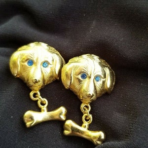 L RAZZA DOG Pierced EARRINGS Sapphire Blue Eyes Dangling Bone Accents Gold Plated Collectible Canine Friendly For Groomer Vet Humane Society image 6