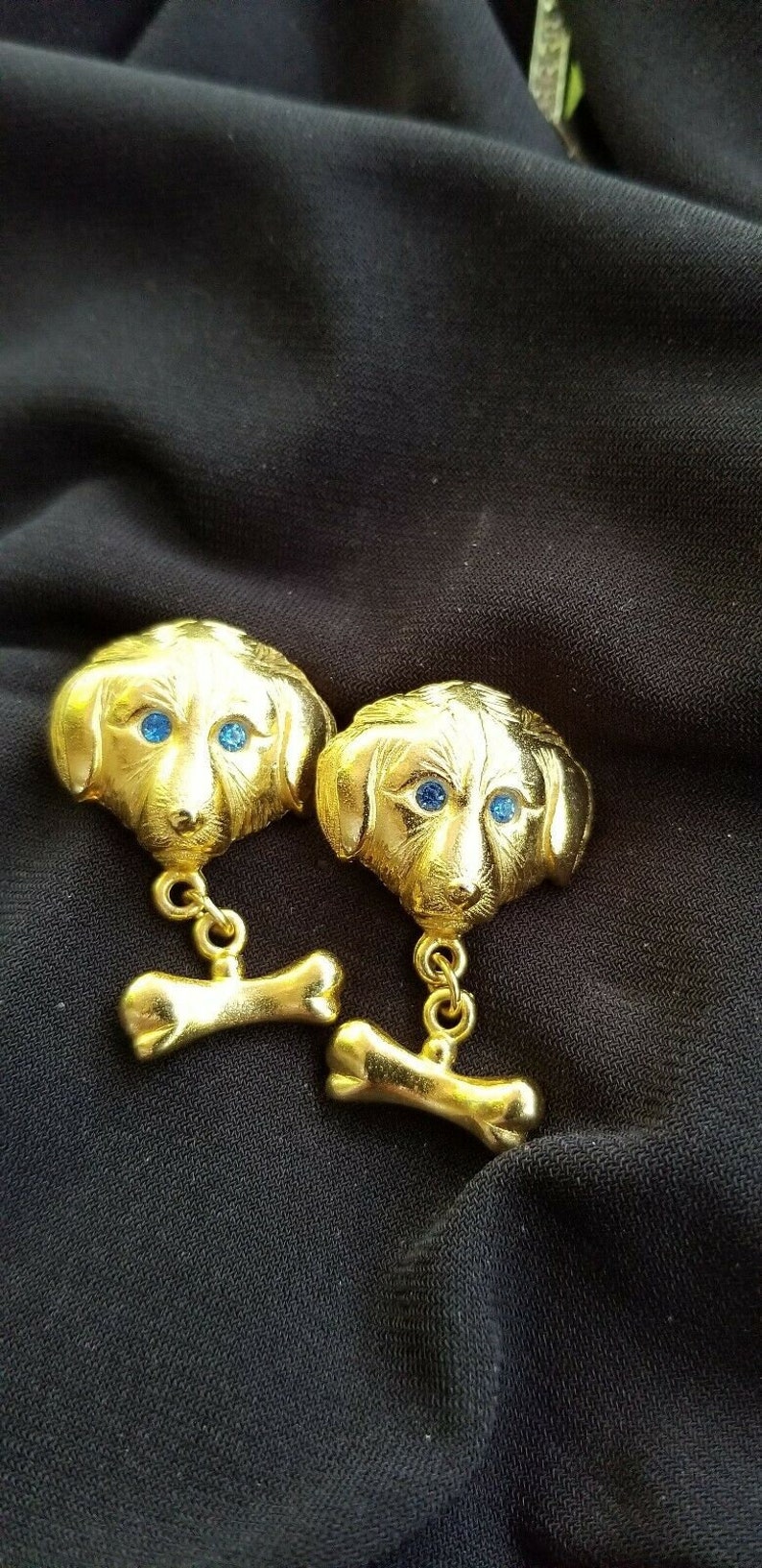 L RAZZA DOG Pierced EARRINGS Sapphire Blue Eyes Dangling Bone Accents Gold Plated Collectible Canine Friendly For Groomer Vet Humane Society image 6