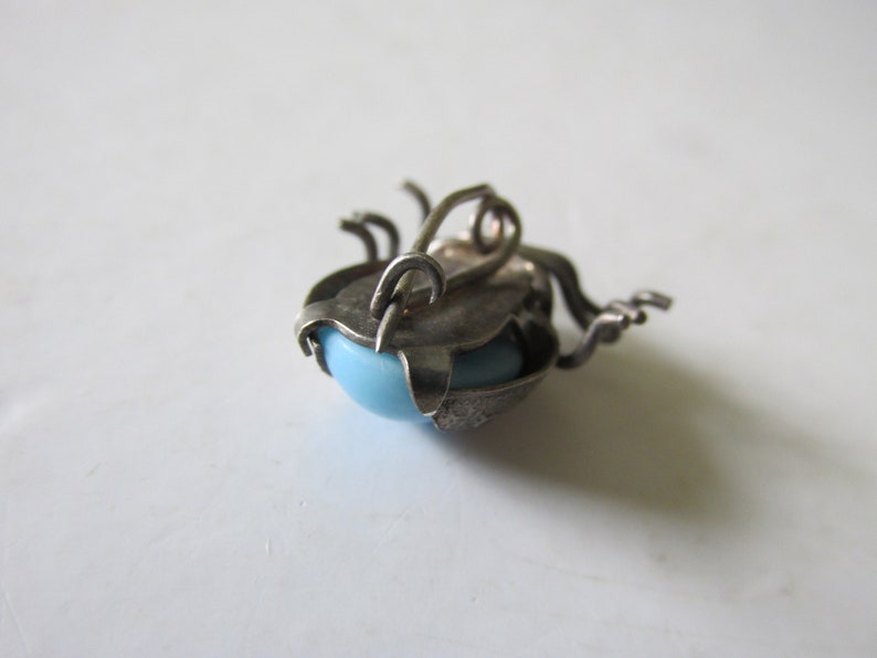 Sterling Dead Pawn BEETLE PIN w Sky Blue Milk Glass Bead C Clasp Unmarked Tested 925 Purchased New Mexico 1960 In Style of Fred Harvey etc