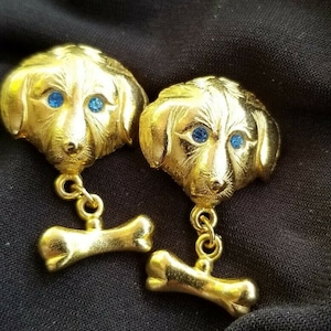 L RAZZA DOG Pierced EARRINGS Sapphire Blue Eyes Dangling Bone Accents Gold Plated Collectible Canine Friendly For Groomer Vet Humane Society image 9