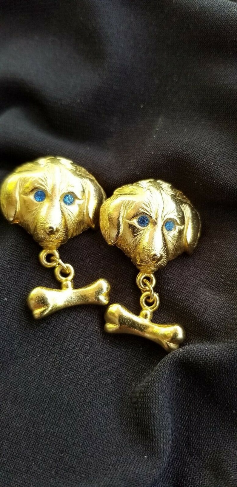L RAZZA DOG Pierced EARRINGS Sapphire Blue Eyes Dangling Bone Accents Gold Plated Collectible Canine Friendly For Groomer Vet Humane Society image 9