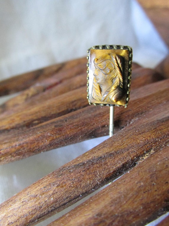 Antique Carved TIGER'S EYE CAMEO Stick Pin 1900's 
