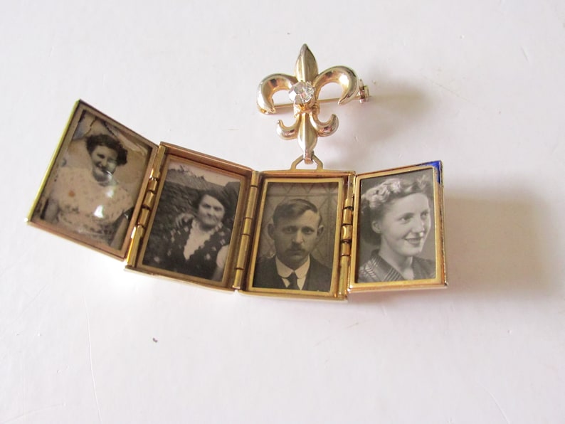 Dangling CORO JEWELCRAFT Four Photo LOCKET Made in England Decorative Jeweled Filigree Gold Tone Setting 1950's Includes Old Photographs image 2