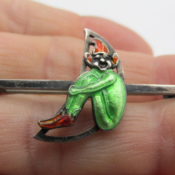 Sterling Silver & Enamel PIXIE BAR PIN 1 3/4" L w/ 7/8" x 1/2" Pixie Figure 1900's Collectible Wardrobe Accessory Jacket Sweater Tie Hat