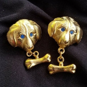 L RAZZA DOG Pierced EARRINGS Sapphire Blue Eyes Dangling Bone Accents Gold Plated Collectible Canine Friendly For Groomer Vet Humane Society image 1