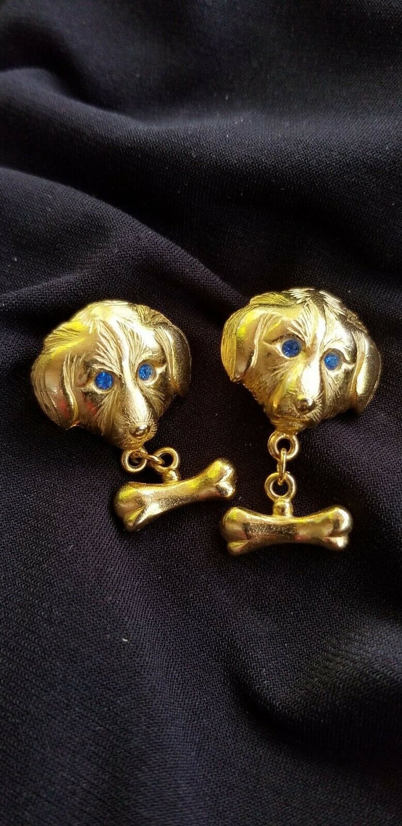 L RAZZA DOG Pierced EARRINGS Sapphire Blue Eyes Dangling Bone Accents Gold Plated Collectible Canine Friendly For Groomer Vet Humane Society image 1