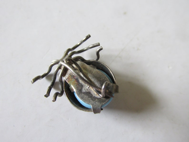 Sterling Dead Pawn BEETLE PIN w Sky Blue Milk Glass Bead C Clasp Unmarked Tested 925 Purchased New Mexico 1960 In Style of Fred Harvey etc