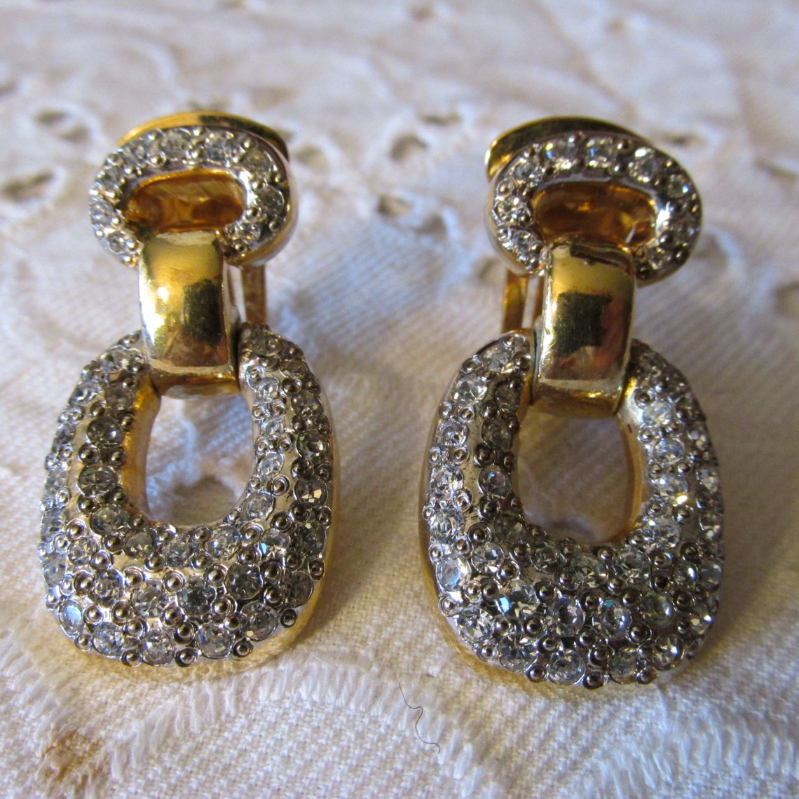 Vtg VOGUE BIJOUX Clip On EARRINGS Gold Plating & Pave Crystal Etsy