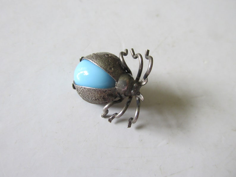 Sterling Dead Pawn BEETLE PIN w Sky Blue Milk Glass Bead C Clasp Unmarked Tested 925 Purchased New Mexico 1960 In Style of Fred Harvey etc