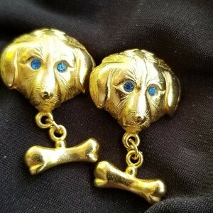 L RAZZA DOG Pierced EARRINGS Sapphire Blue Eyes Dangling Bone Accents Gold Plated Collectible Canine Friendly For Groomer Vet Humane Society image 7