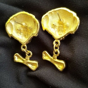 L RAZZA DOG Pierced EARRINGS Sapphire Blue Eyes Dangling Bone Accents Gold Plated Collectible Canine Friendly For Groomer Vet Humane Society image 2