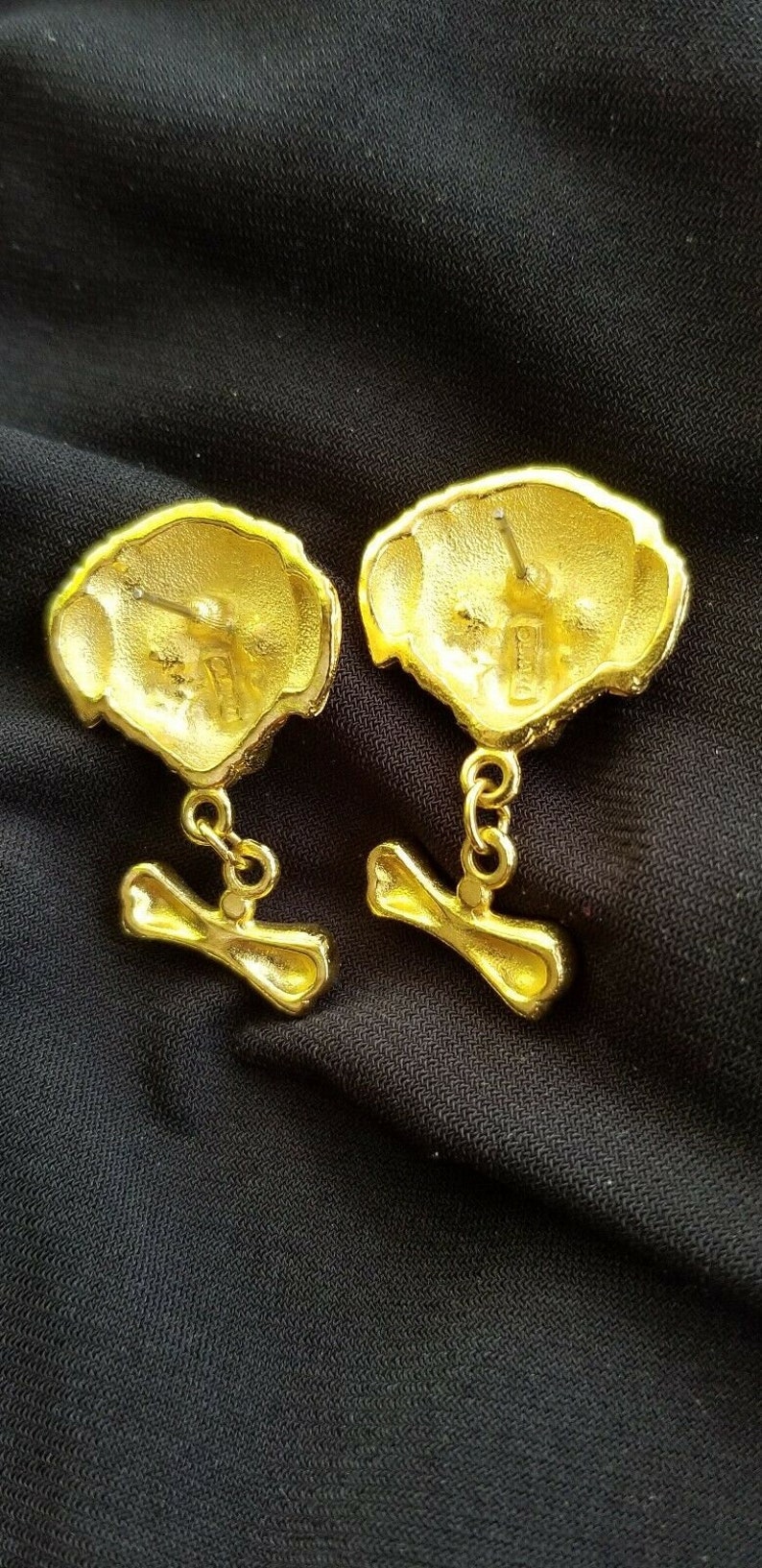 L RAZZA DOG Pierced EARRINGS Sapphire Blue Eyes Dangling Bone Accents Gold Plated Collectible Canine Friendly For Groomer Vet Humane Society image 2