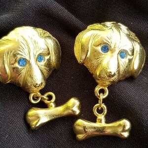 L RAZZA DOG Pierced EARRINGS Sapphire Blue Eyes Dangling Bone Accents Gold Plated Collectible Canine Friendly For Groomer Vet Humane Society image 3