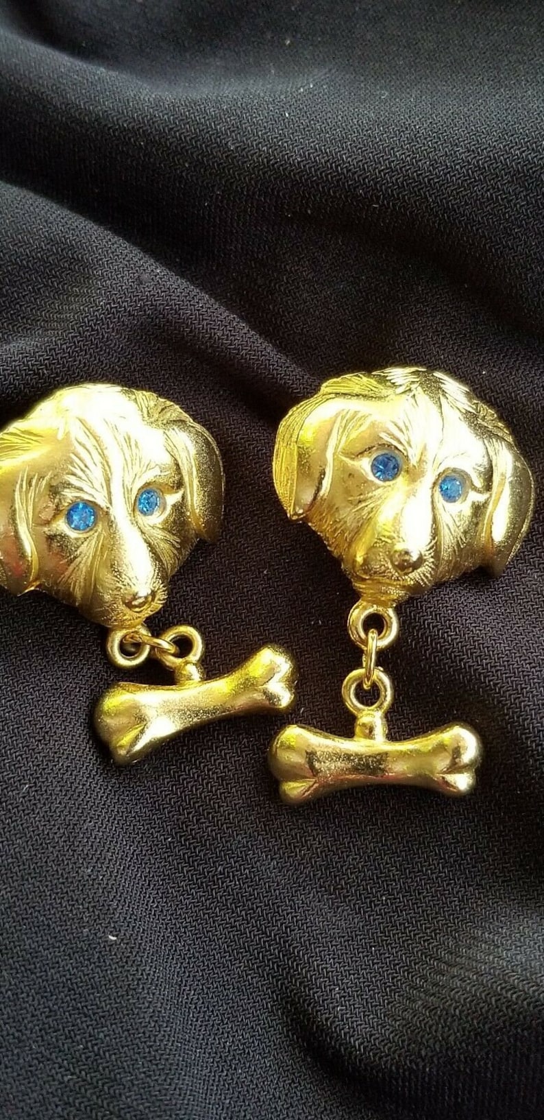 L RAZZA DOG Pierced EARRINGS Sapphire Blue Eyes Dangling Bone Accents Gold Plated Collectible Canine Friendly For Groomer Vet Humane Society image 3