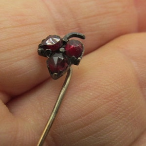 Victorian STERLING GARNET Stick Pin 3&quot; L Vermeil Setting 1890&#39;s Collectible for Lapel Collar Hat Accessory Purchased in France