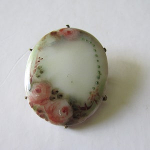 VICTORIAN PORCELAIN C Clasp BROOCH Pink Roses Theme 1 1/2&quot; L x 1 1/8&quot; W Collectible Hand Painted Parlour Art 1900&#39;s All Occasion Lapel Pin